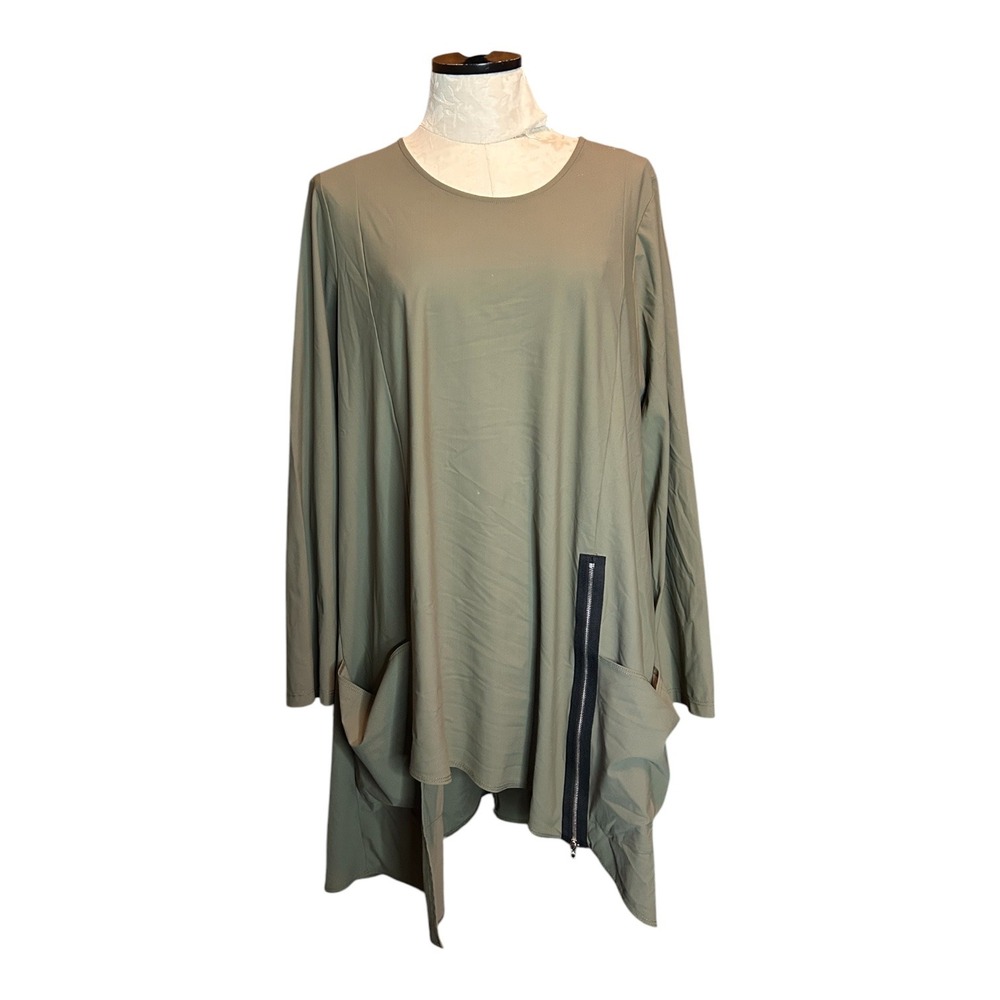 Jason Wu Olive Green Asymmetrical Zip Tunic Top Pockets Size M Made in USA